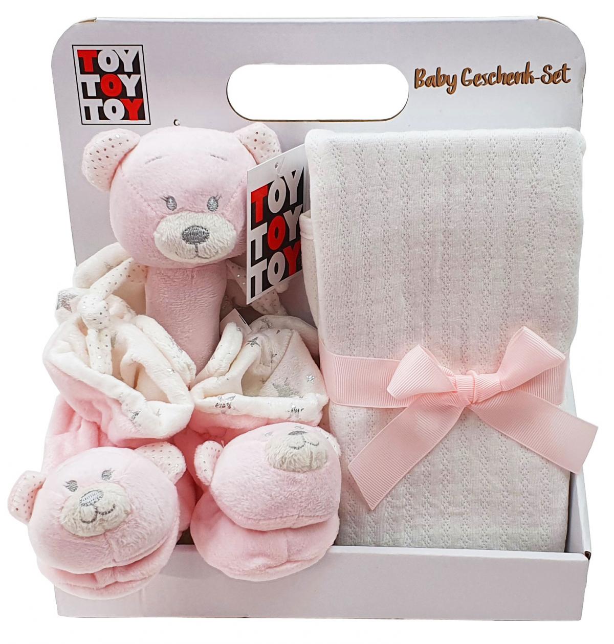Preissturz » Baby Geschenk mit Babydecke rosa Teddybär günstiger Stabrassel | Rasselschuhe Gutes